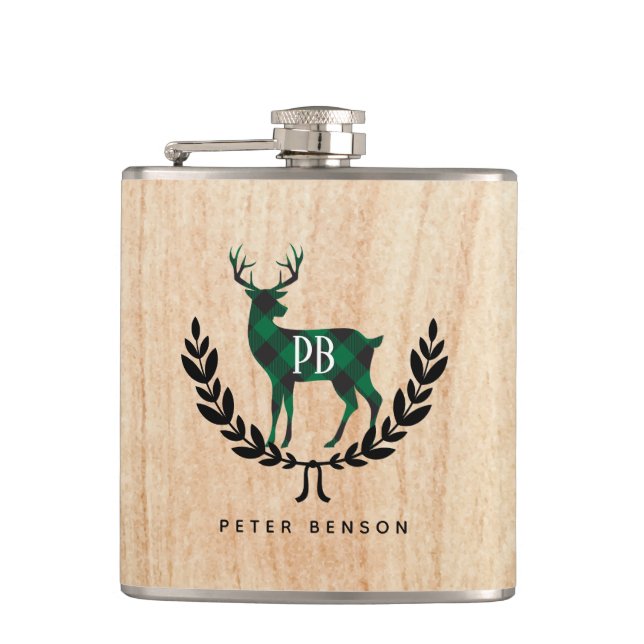Green Buffalo Plaid Stag Monogram Hip Flask (Front)