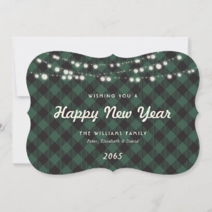 Green Buffalo Plaid String Lights New Year Card