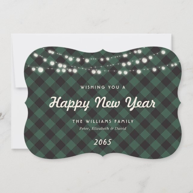Green Buffalo Plaid String Lights New Year Card (Front)