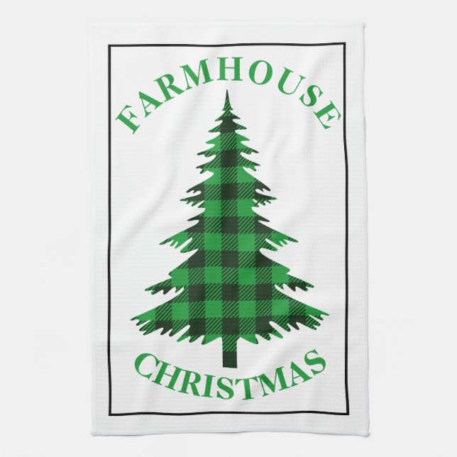 Green Buffalo Plaid Tree Farmhouse Christmas Tea Towel (Vertical)