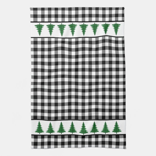 Green Buffalo Plaid Tree on Black and White Checks Tea Towel (Vertical)