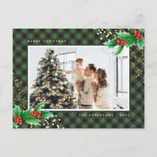 Green Buffalo Plaid Watercolor Photo Christmas Holiday Postcard