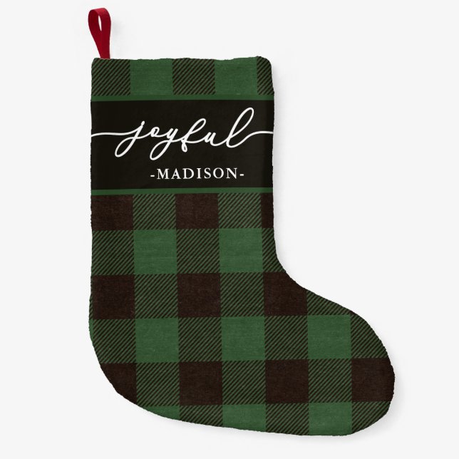 Green Buffalo Plaid with Joyful Script Christmas Small Christmas Stocking (Front)