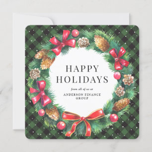 Green Buffalo Plaid Wreath Corporate Business Holiday Card