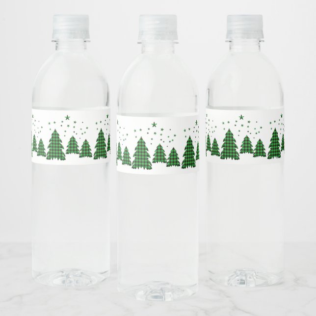 Green Buffalo Plaid XMAS Tree Water Bottle Labels (Bottles)