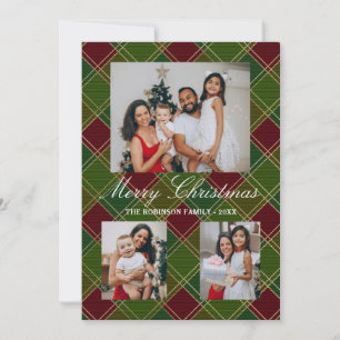 Green Buffalo Red Plaid Christmas 4 Photo Collage Holiday Card