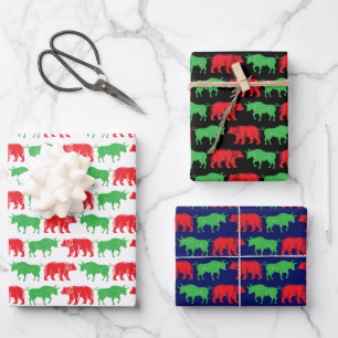Green Bull & Red Bear, DIY Color BG, Black Wht Blu Wrapping Paper Sheet