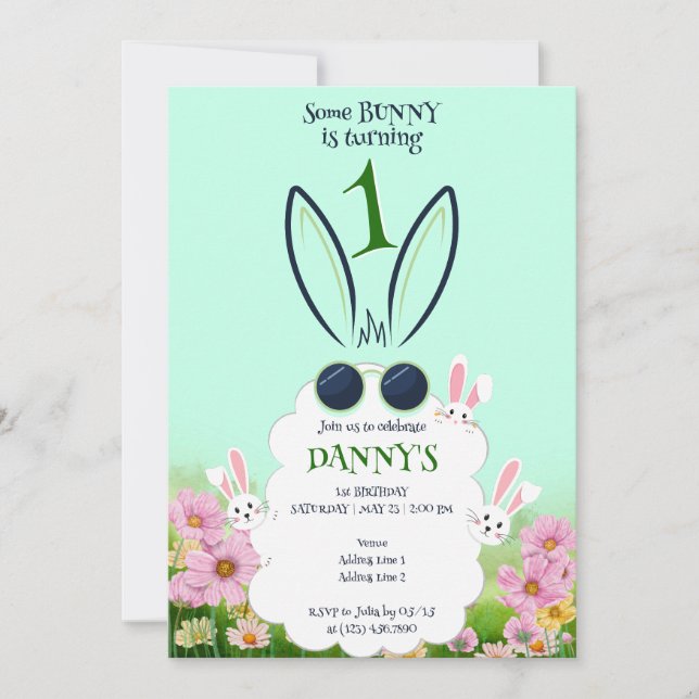 Green Bunny Flower Garden Spring Summer Birthday Invitation (Front)