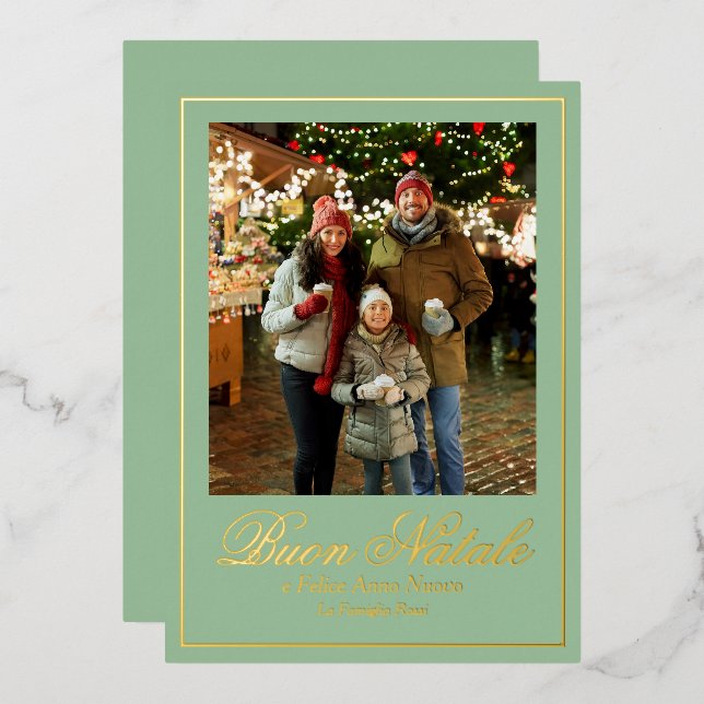 Green Buon Natale e Felice Anno Nuovo Script Photo Foil Holiday Card (Front/Back)