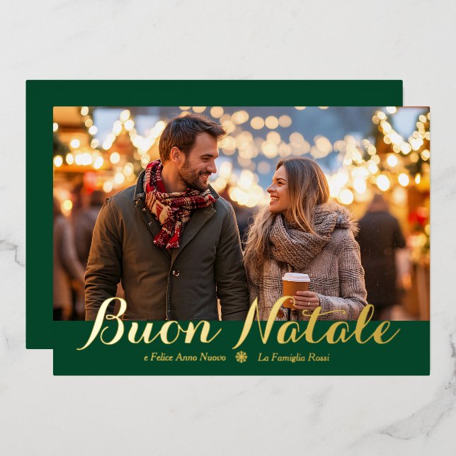Green Buon Natale e Felice Anno Nuovo Script Photo Foil Holiday Card (Front/Back)