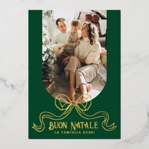 Green Buon Natale Simple Modern Coquette Bow Photo Foil Holiday Card