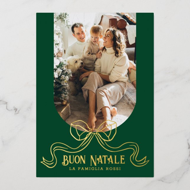 Green Buon Natale Simple Modern Coquette Bow Photo Foil Holiday Card (Front)