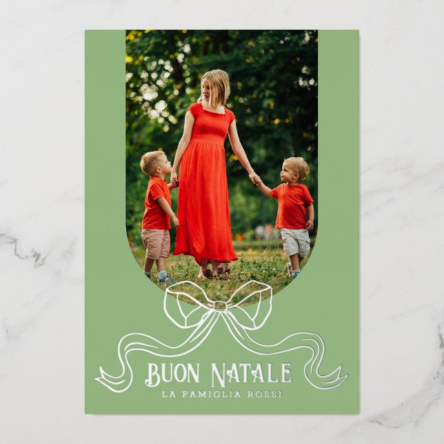 Green Buon Natale Simple Modern Coquette Bow Photo Foil Holiday Card (Front)