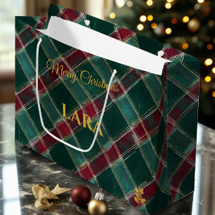 Green, Burgundy, and White Crisscross Plaid Custom Large Gift Bag