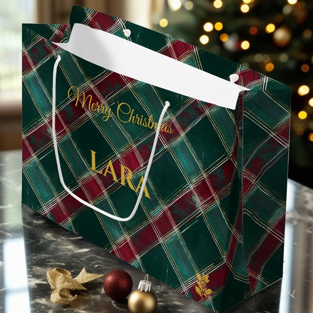 Green, Burgundy, and White Crisscross Plaid Custom Large Gift Bag (Creator Uploaded)