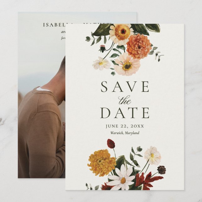 Green Burgundy Boho Fall Wildflower Wedding Save The Date (Front/Back)