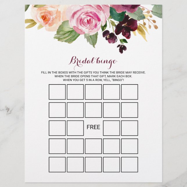 Green Burgundy Bridal Bingo, Bridal Shower Game (Front)