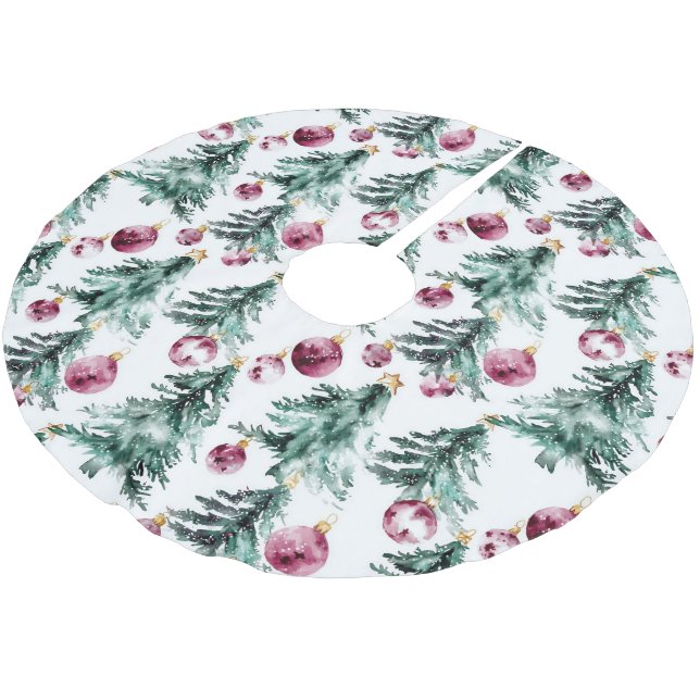Green Burgundy Christmas Trees Ornaments Brushed Polyester Tree Skirt (Angled)