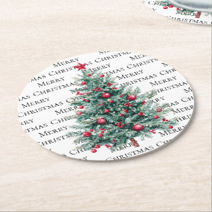 Green Burgundy Christmas Trees Ornaments Round Paper Coaster