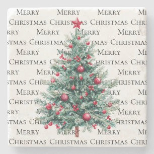 Green Burgundy Christmas Trees Ornaments Stone Coaster