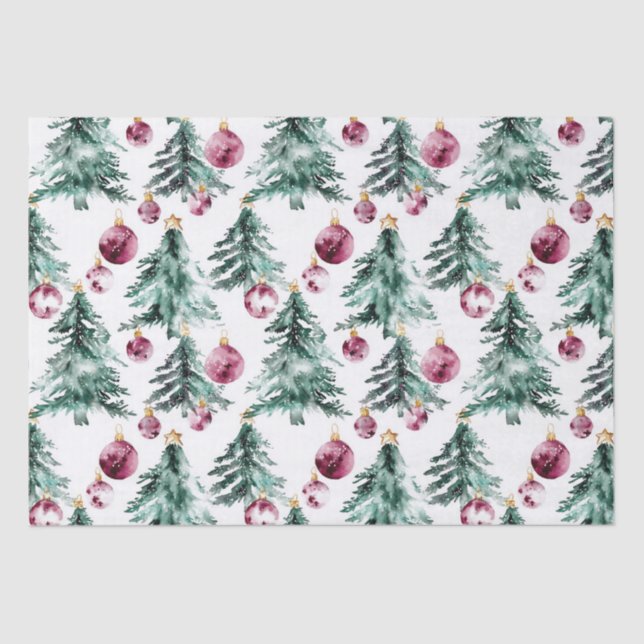 Green Burgundy Christmas Trees Ornaments Tissue Paper (Front)