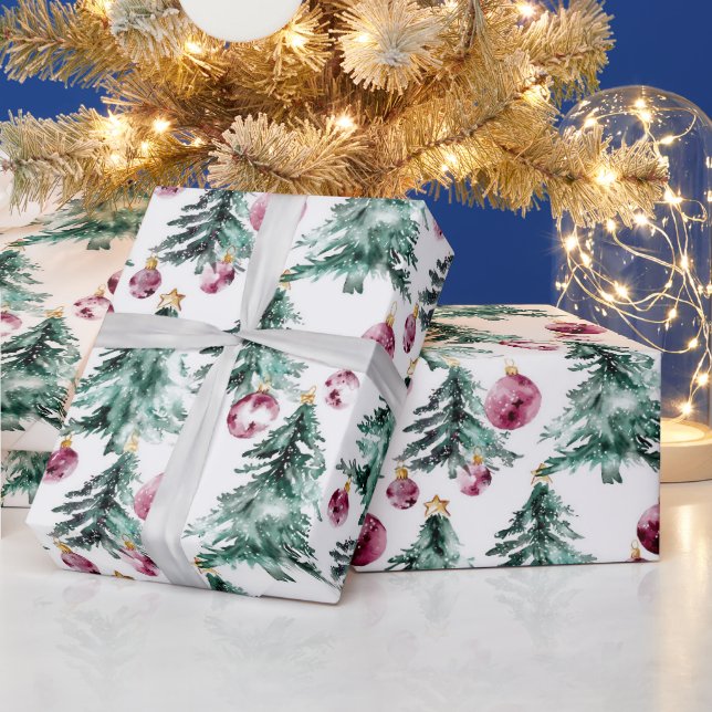 Green Burgundy Christmas Trees Ornaments Wrapping Paper (Holidays)