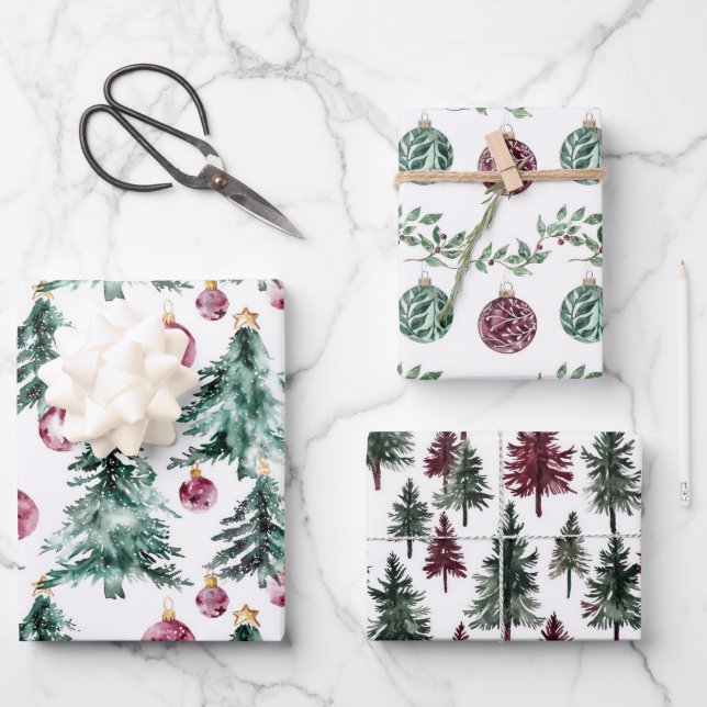 Green Burgundy Christmas Trees Ornaments Wrapping Paper Sheet (Front)