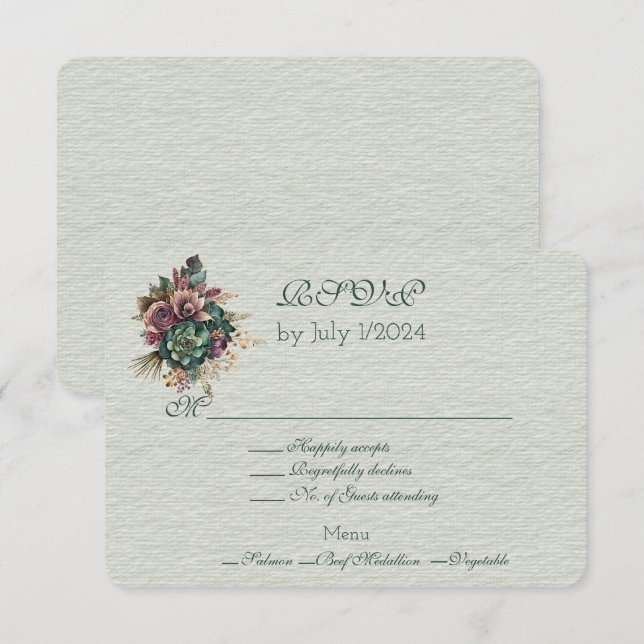 Green Burgundy Floral Wedding Bouquet  RSVP Card (Front/Back)