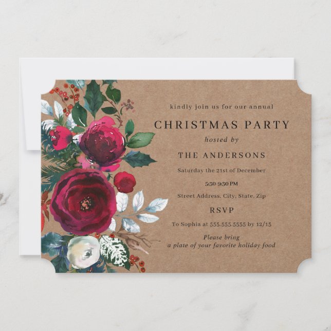 Green Burgundy Foliage Winter Christmas Party Invitation (Front)