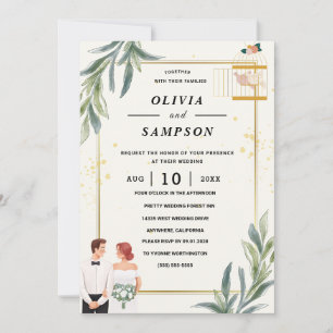 Green Burgundy Gold Pink Wedding Invitation