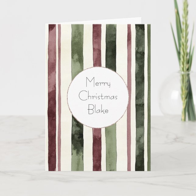 Green Burgundy Red Cream Stripes Christmas Card (Front)