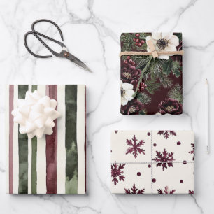 Green Burgundy Red Stripes Floral Christmas Wrapping Paper Sheet