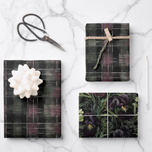 Green Burgundy Red Stripes Iris Flowers Birthday Wrapping Paper Sheet