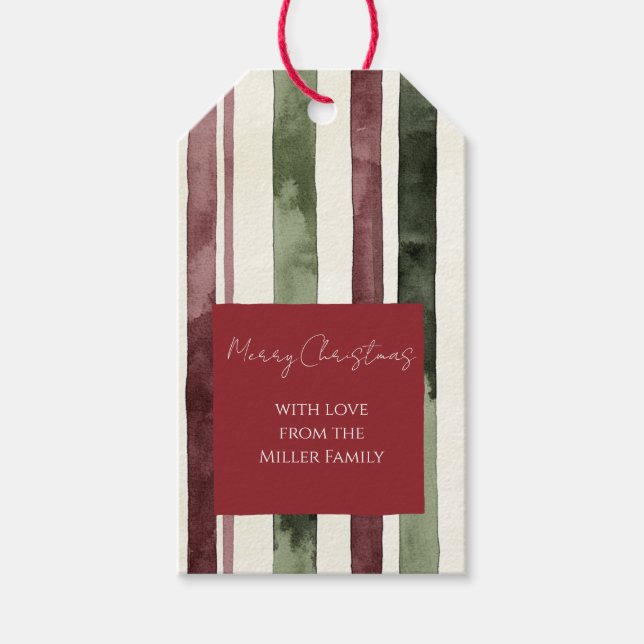 Green Burgundy Stripes Christmas Gift Tags (Front)