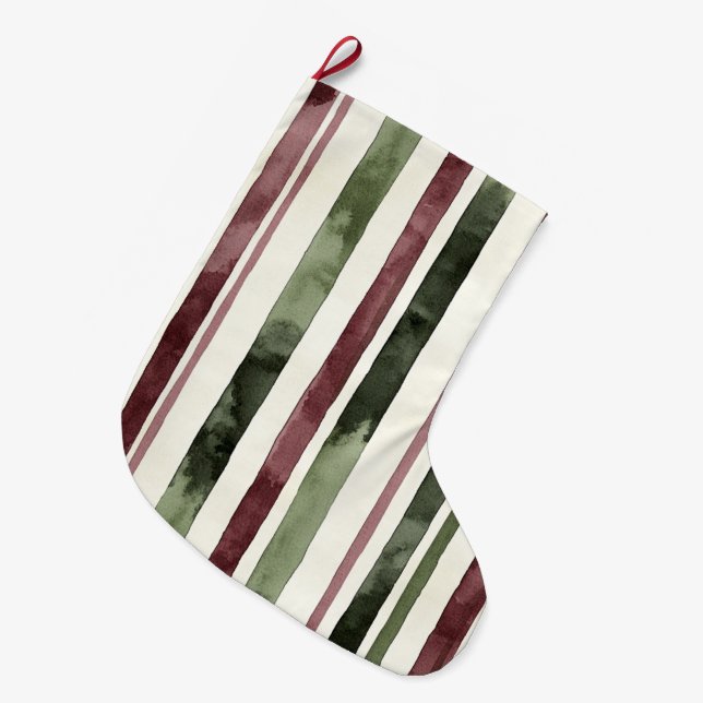 Green Burgundy Stripes Christmas Large Christmas Stocking (Front (Hanging))