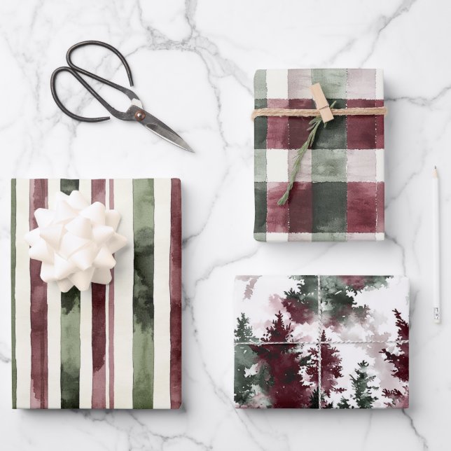 Green Burgundy Stripes Christmas Wrapping Paper Sheet (Front)