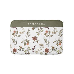 Green Burgundy Wildflower Monogram Name Bath Mat