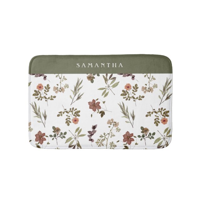 Green Burgundy Wildflower Monogram Name Bath Mat (Front)