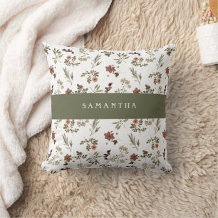 Green Burgundy Wildflower Monogram Name Cushion