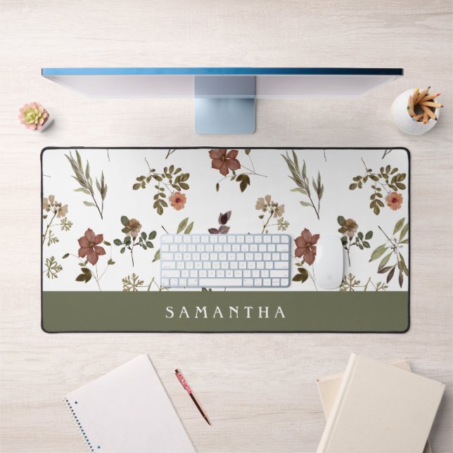 Green Burgundy Wildflower Monogram Name Desk Mat (Office 1)