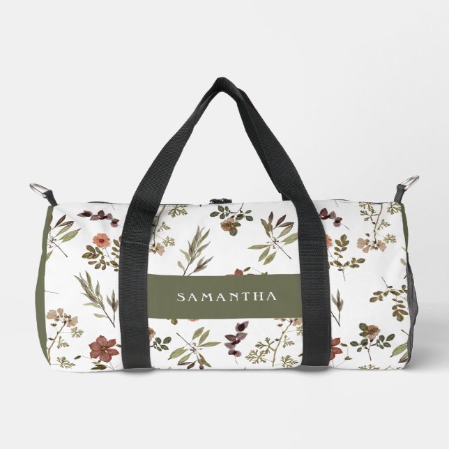 Green Burgundy Wildflower Monogram Name Duffle Bag (Front)