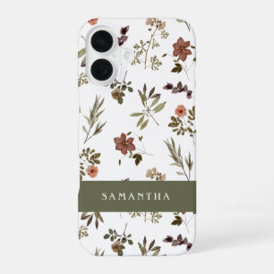 Green Burgundy Wildflower Monogram Name iPhone 16 Case