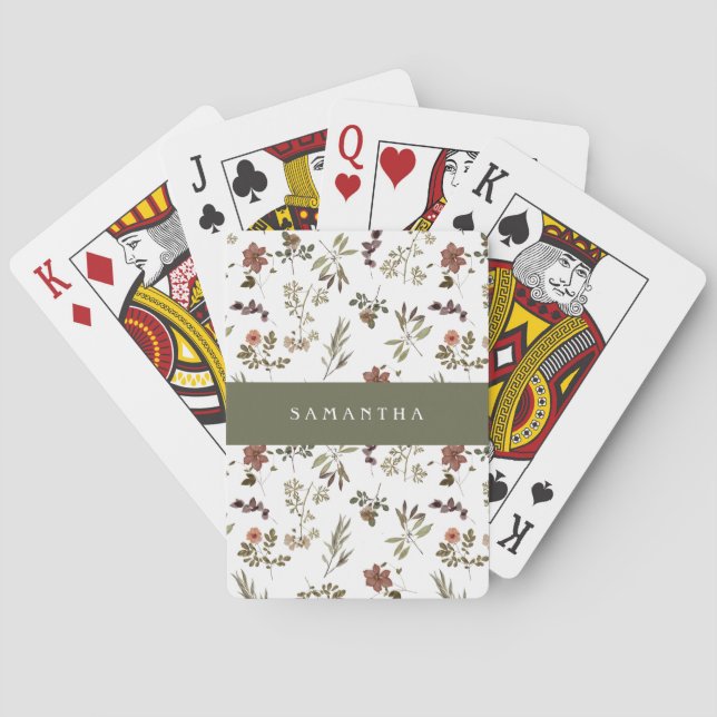 Green Burgundy Wildflower Monogram Name Playing Cards (Back)