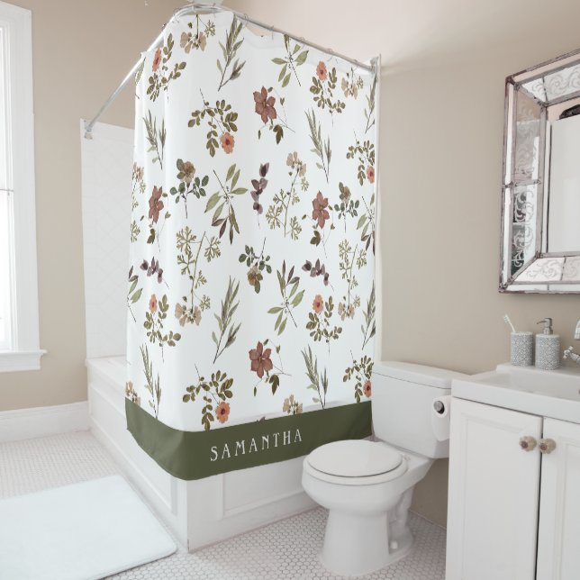 Green Burgundy Wildflower Monogram Name Shower Curtain (In Situ)