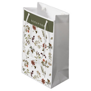 Green Burgundy Wildflower Monogram Name Small Gift Bag
