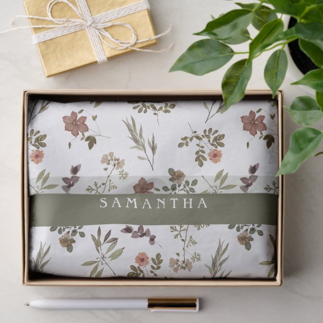 Green Burgundy Wildflower Monogram Name Tissue Paper (Gift)