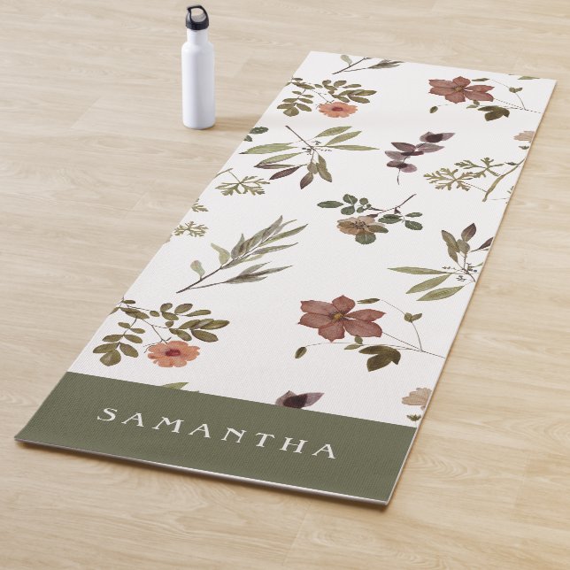 Green Burgundy Wildflower Monogram Name Yoga Mat (In Situ)