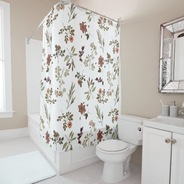 Green Burgundy Wildflower Shower Curtain (In Situ)