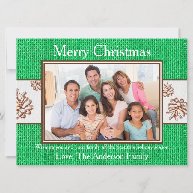 Green Burlap Pinecones Photo - 6x8 Christmas Card (Front)