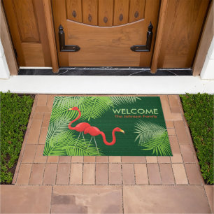 Green Burlap with Pink Flamingos Doormat